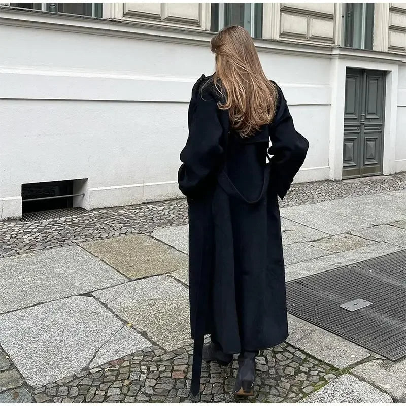 Women's Oversized Wool-Blend Black Coat for Winter