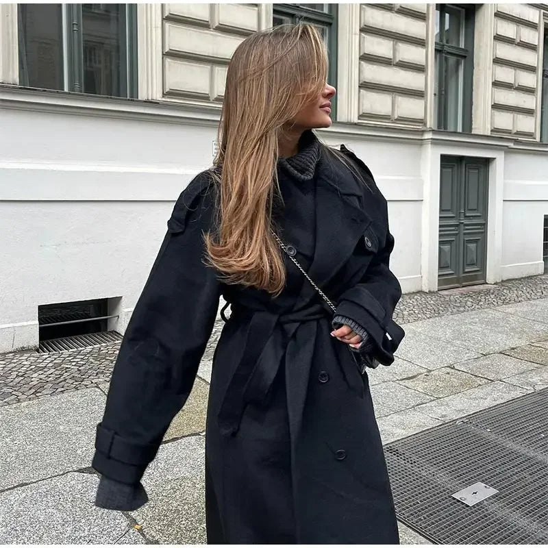 Women's Oversized Wool-Blend Black Coat for Winter