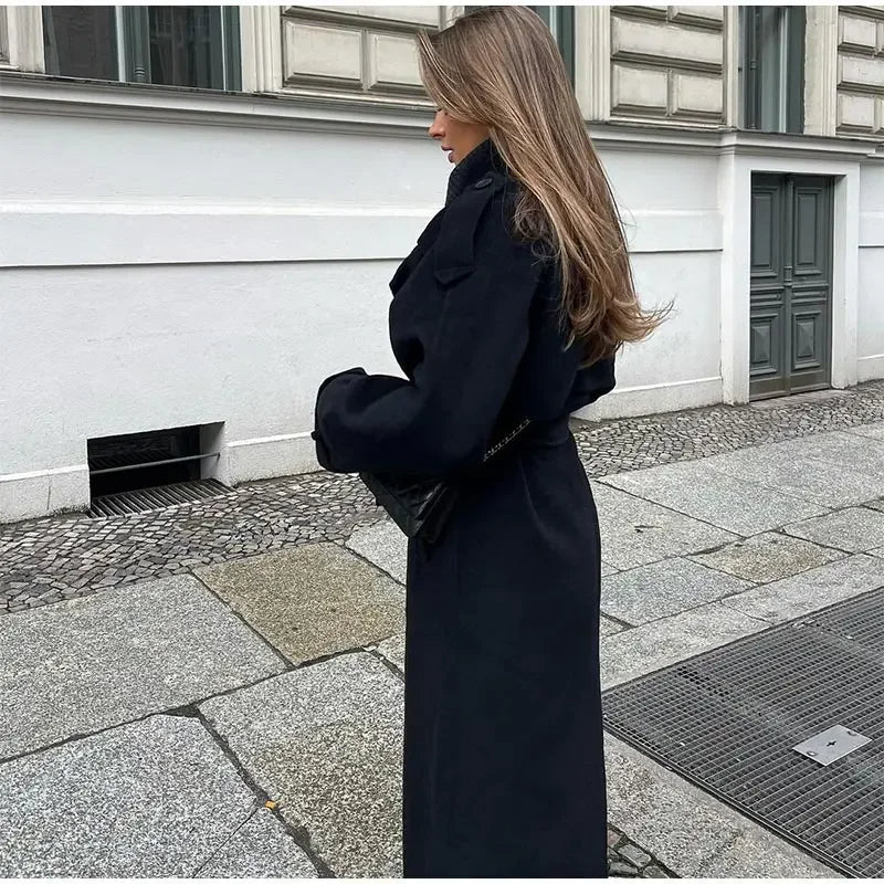 Women's Oversized Wool-Blend Black Coat for Winter
