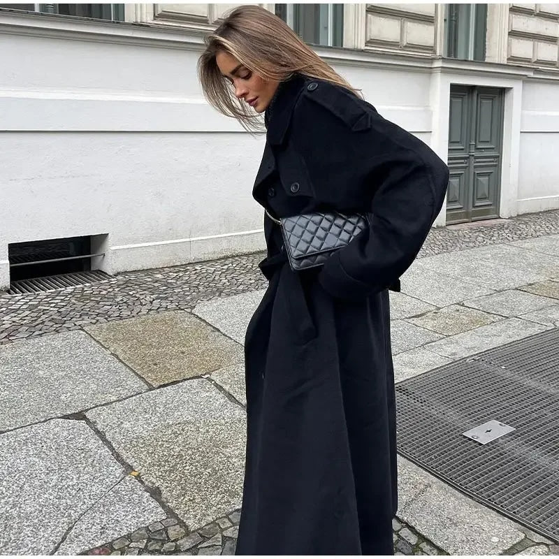 Women's Oversized Wool-Blend Black Coat for Winter