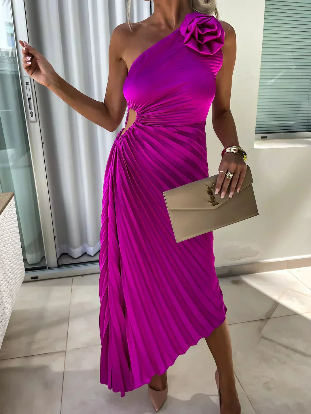 Elegant Pleated Shoulder Dress for Women