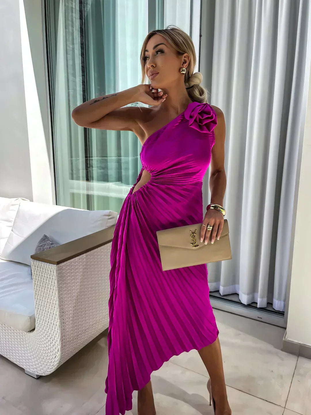 Elegant Pleated Shoulder Dress for Women