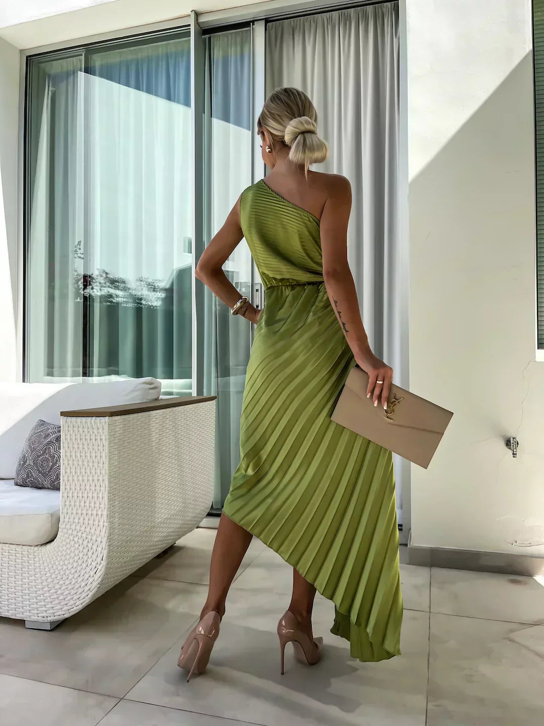 Elegant Pleated Shoulder Dress for Women