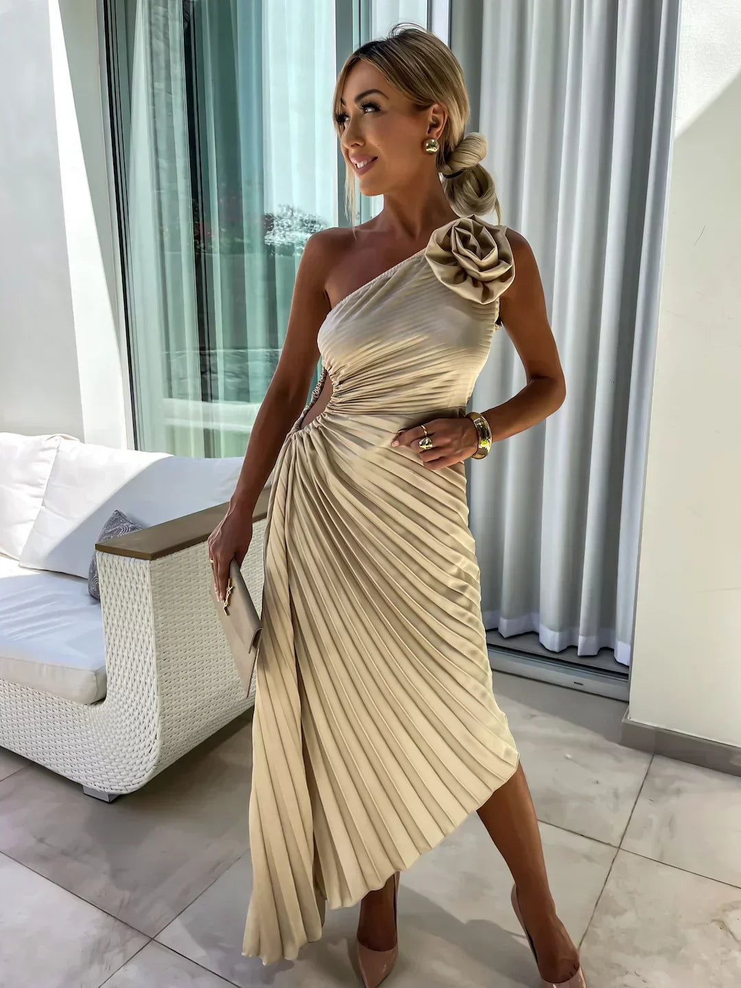 Elegant Pleated Shoulder Dress for Women