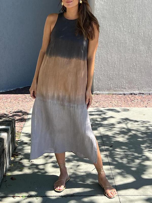 Sleeveless Cotton-Linen Dress with Slit and Tie-Dye Gradient
