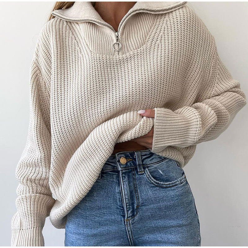 High Neck Zip Knit Sweater for Women