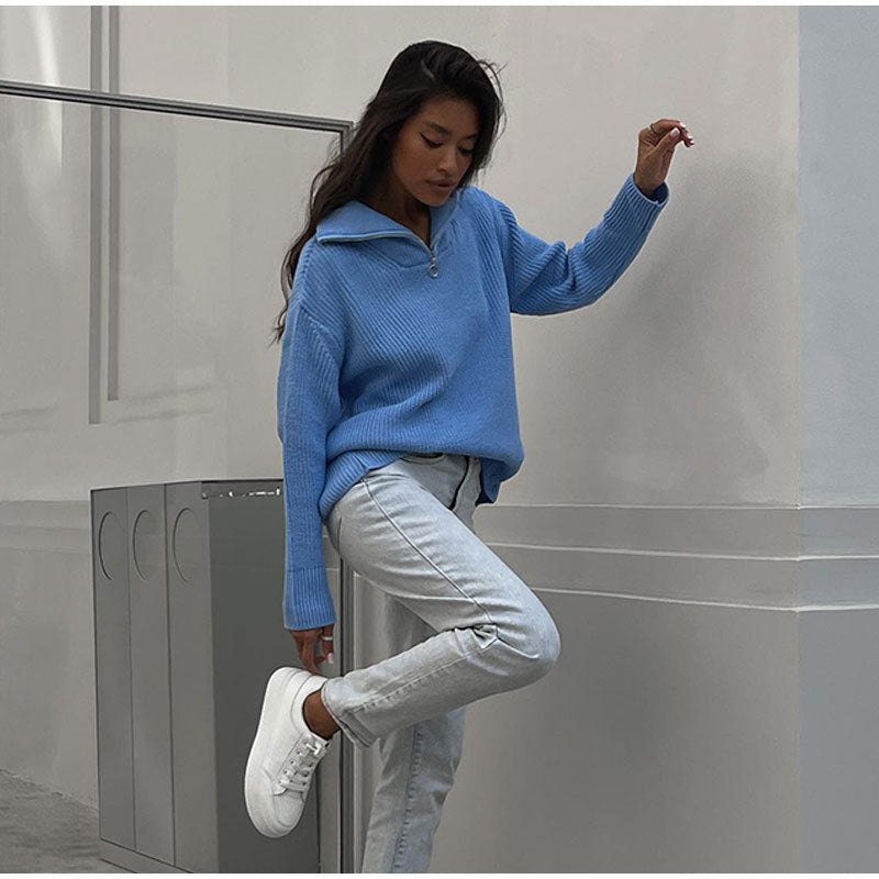 High Neck Zip Knit Sweater for Women