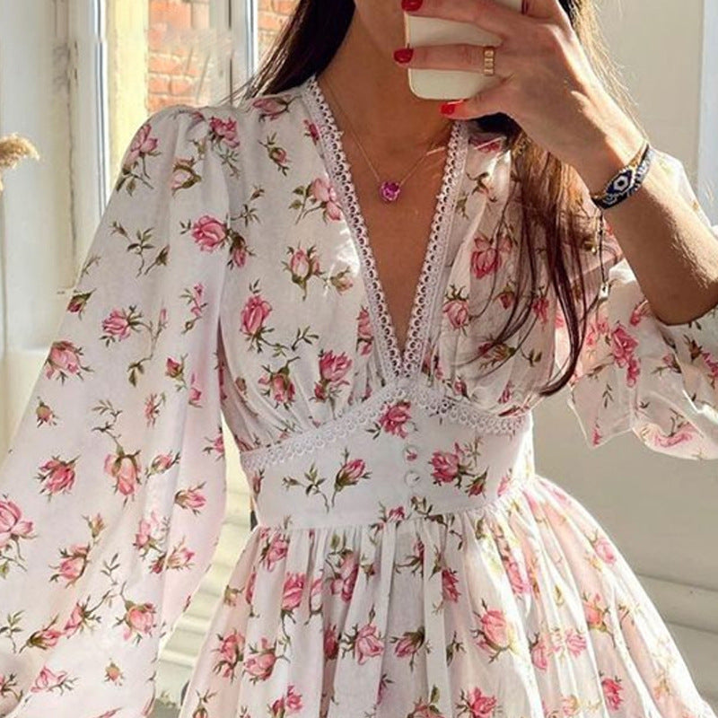 Floral V-Neck Short Dress for Stylish Summer Wear