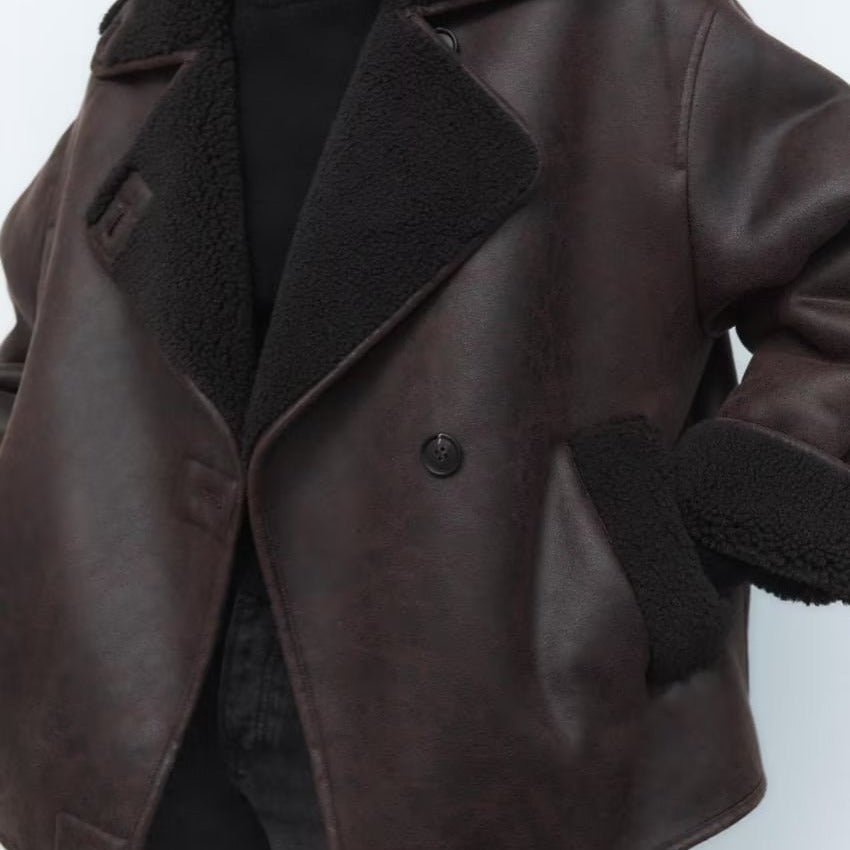 Synthetic Shearling and Leather Outerwear Coat for Warmth and Style