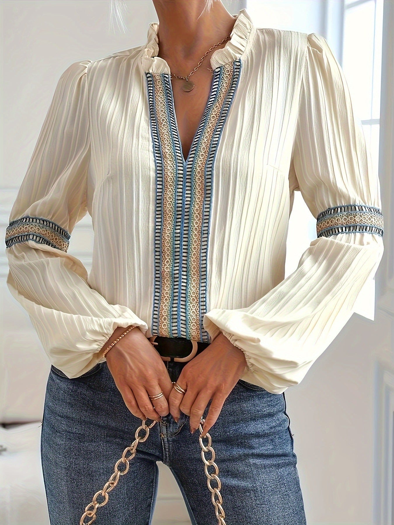 Bohemian Long Sleeve Blouse with Tribal Embroidery Details