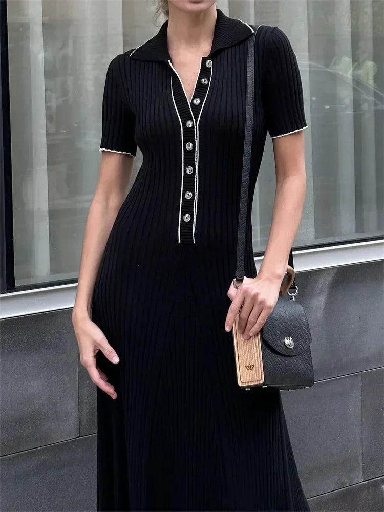 V-Neck Mesh Dress with Button Details