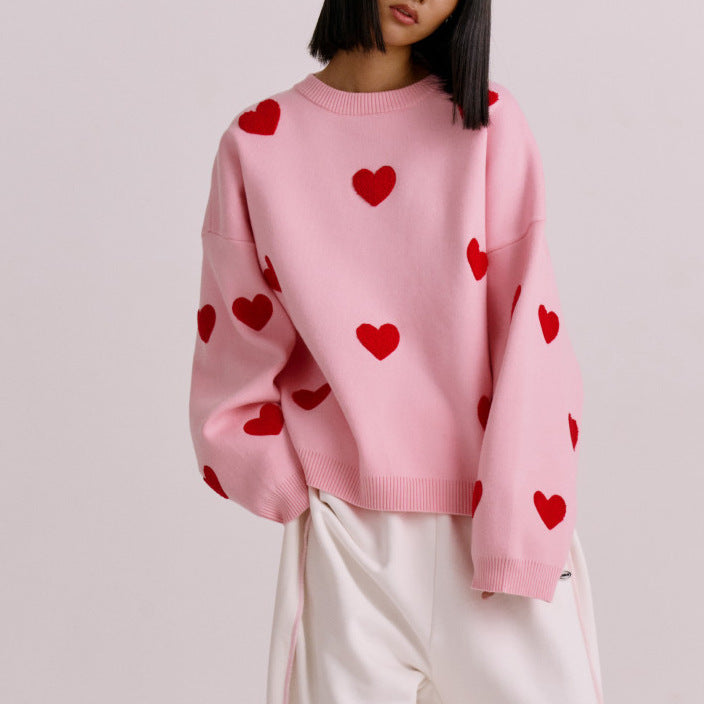 Embroidered Heart Knitted Sweater for Cozy Style