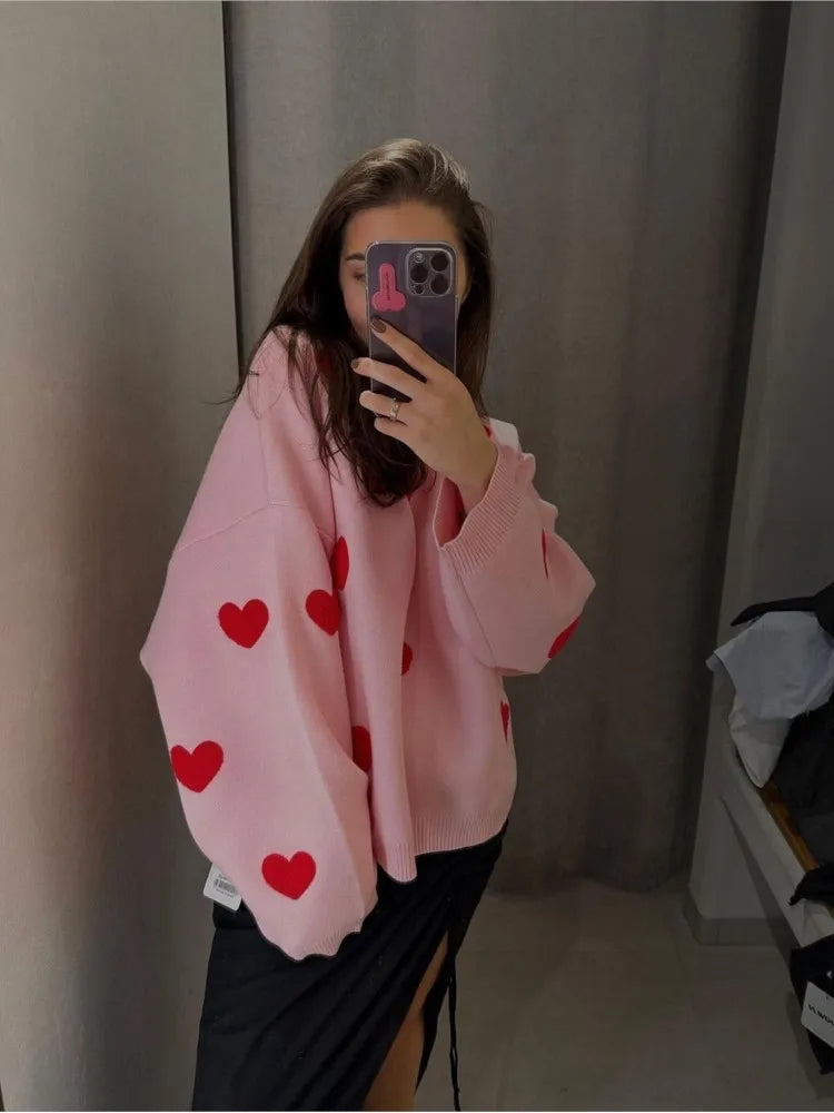 Embroidered Heart Knitted Sweater for Cozy Style