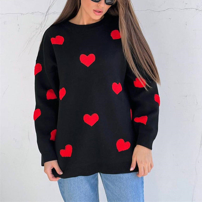 Embroidered Heart Knitted Sweater for Cozy Style