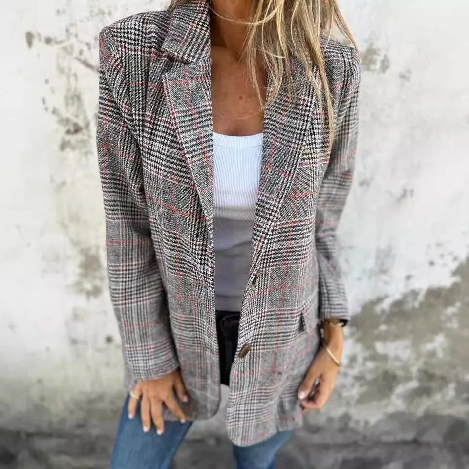 Casual Checked Blazer with Lapels for Women