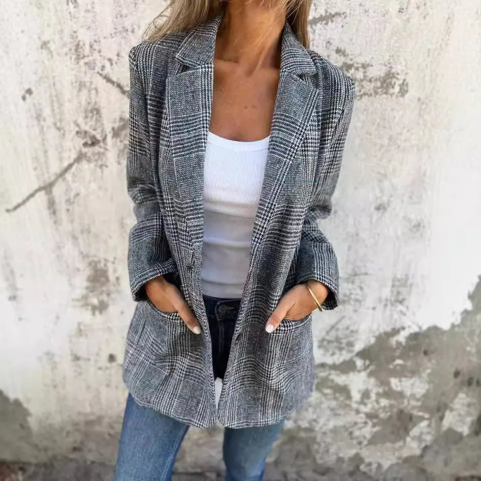 Casual Checked Blazer with Lapels for Women
