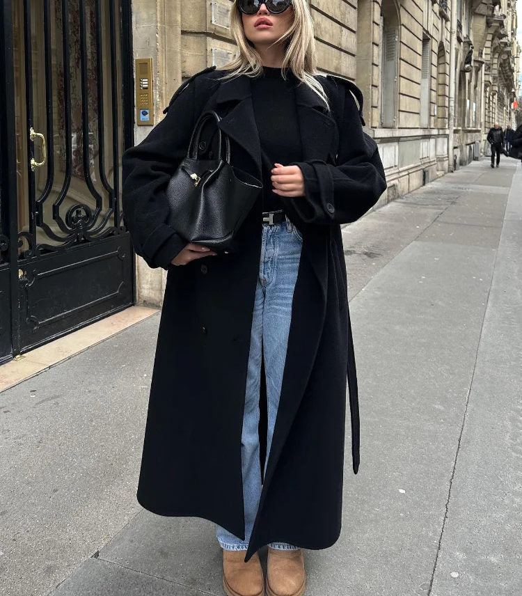 Women's Oversized Wool-Blend Black Coat for Winter