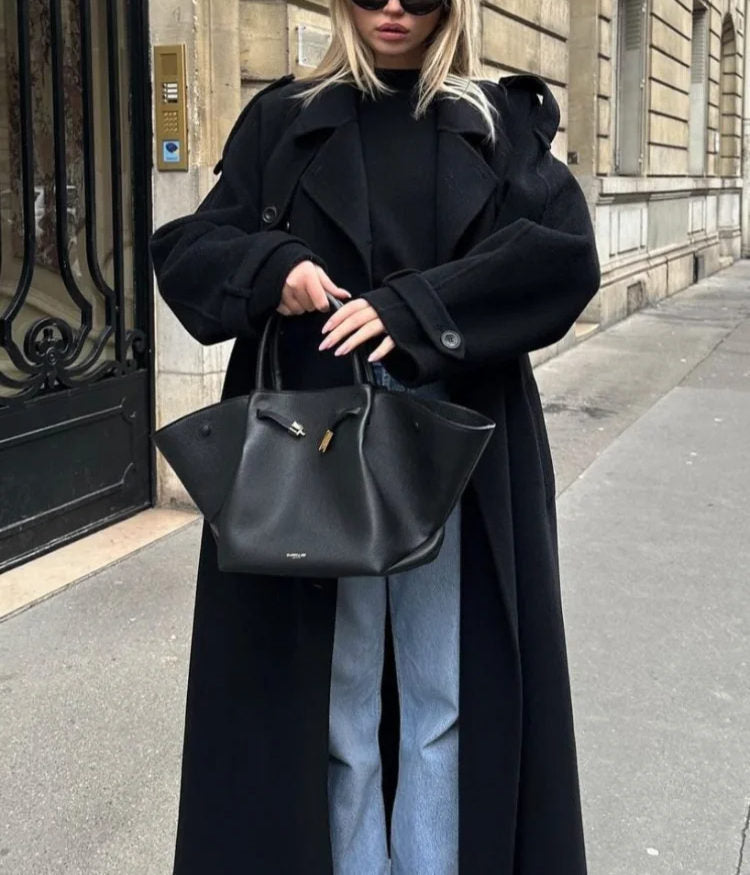 Women's Oversized Wool-Blend Black Coat for Winter