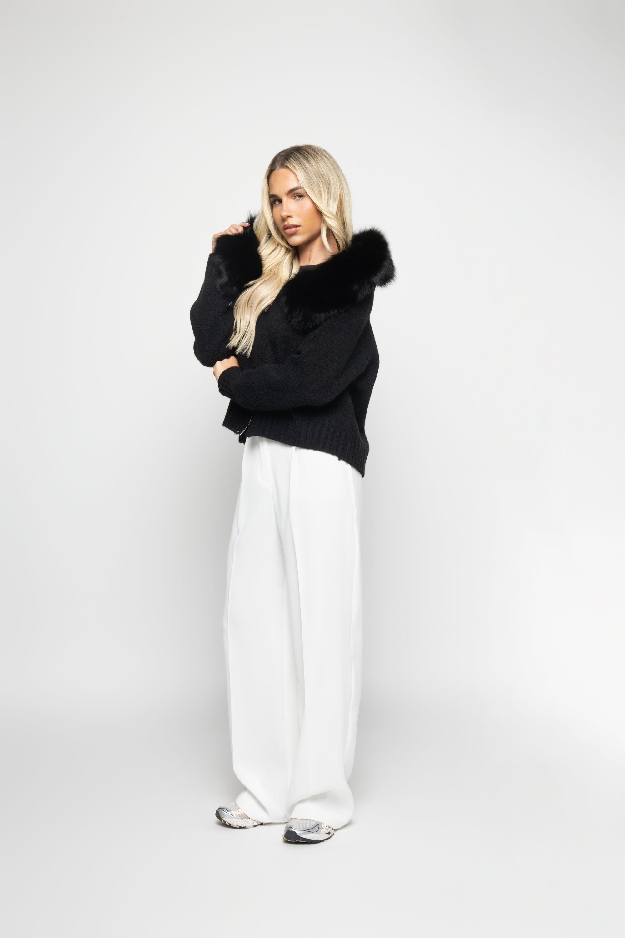 Women's Wool-Blend Jacket with Fur Hood