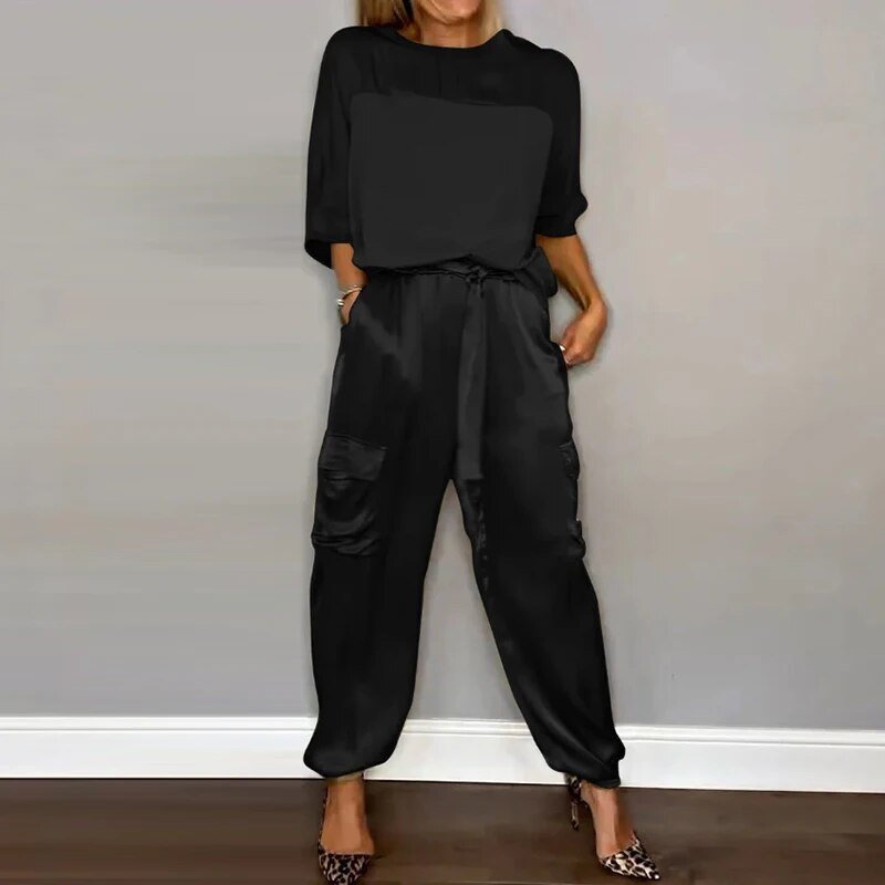 Satin Top and Cargo Trousers Set - Stylish and Comfortable Outfit