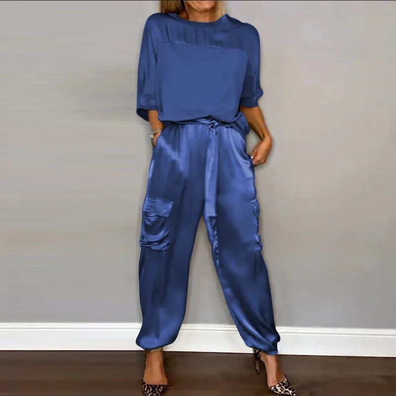 Satin Top and Cargo Trousers Set - Stylish and Comfortable Outfit