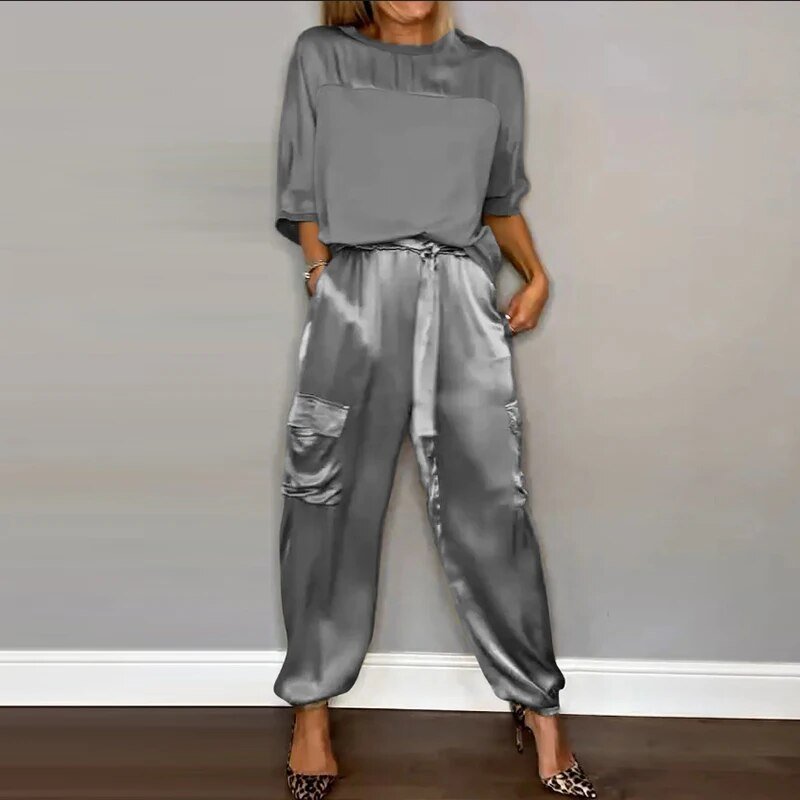 Satin Top and Cargo Trousers Set - Stylish and Comfortable Outfit