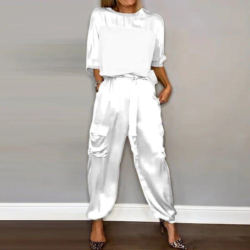 Satin Top and Cargo Trousers Set - Stylish and Comfortable Outfit
