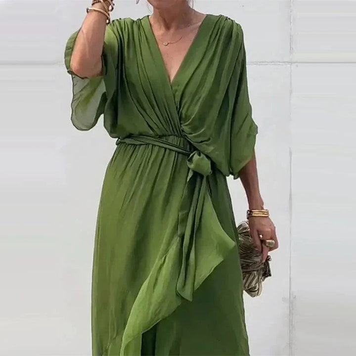 V-Neck Midi Dress with Loose Sleeves for Effortless Style