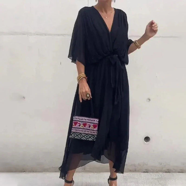 V-Neck Midi Dress with Loose Sleeves for Effortless Style