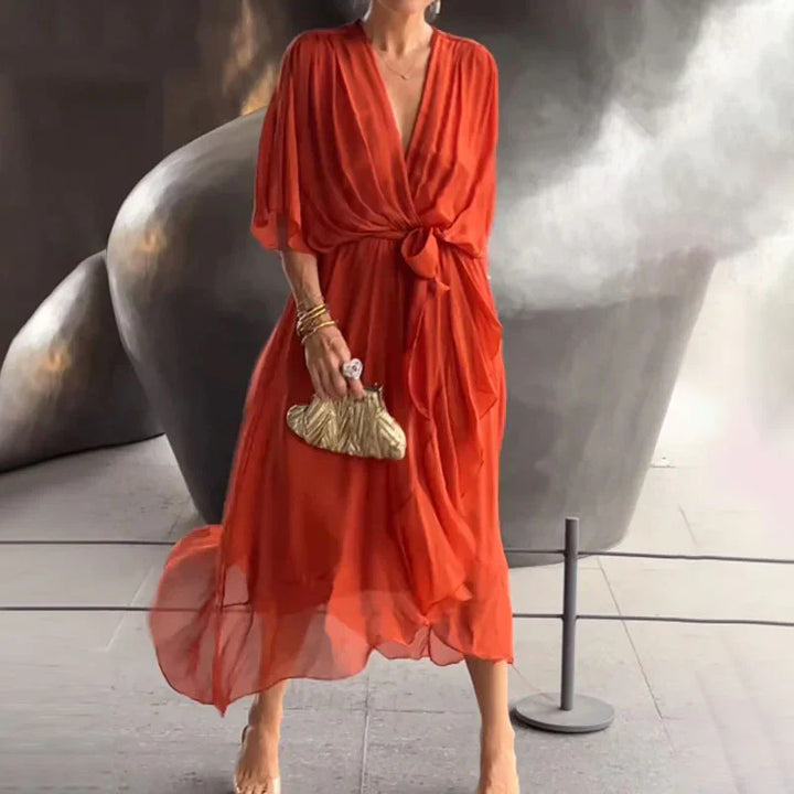 V-Neck Midi Dress with Loose Sleeves for Effortless Style