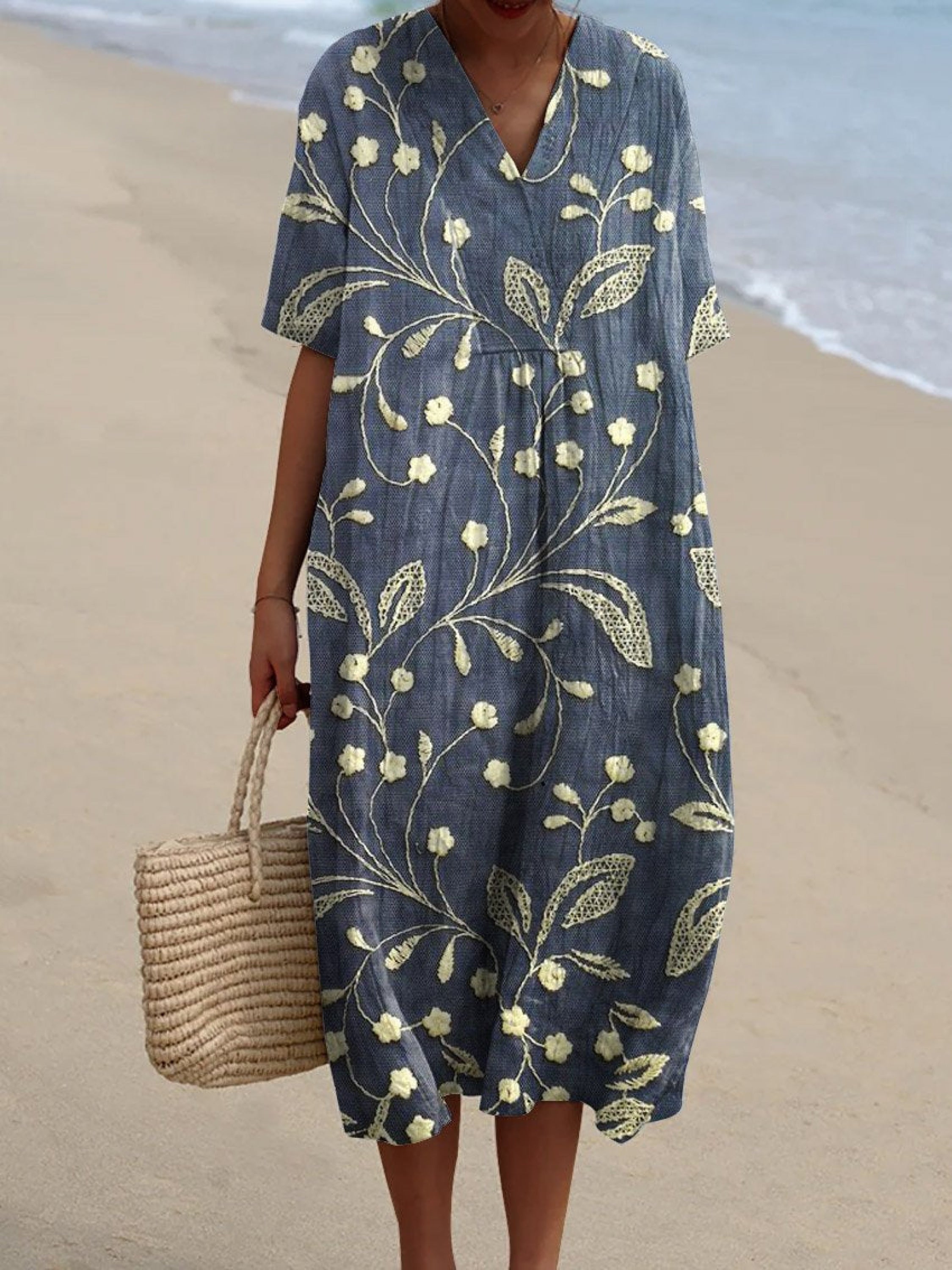 V-Neck Floral Short Sleeve Midi Dress for Women