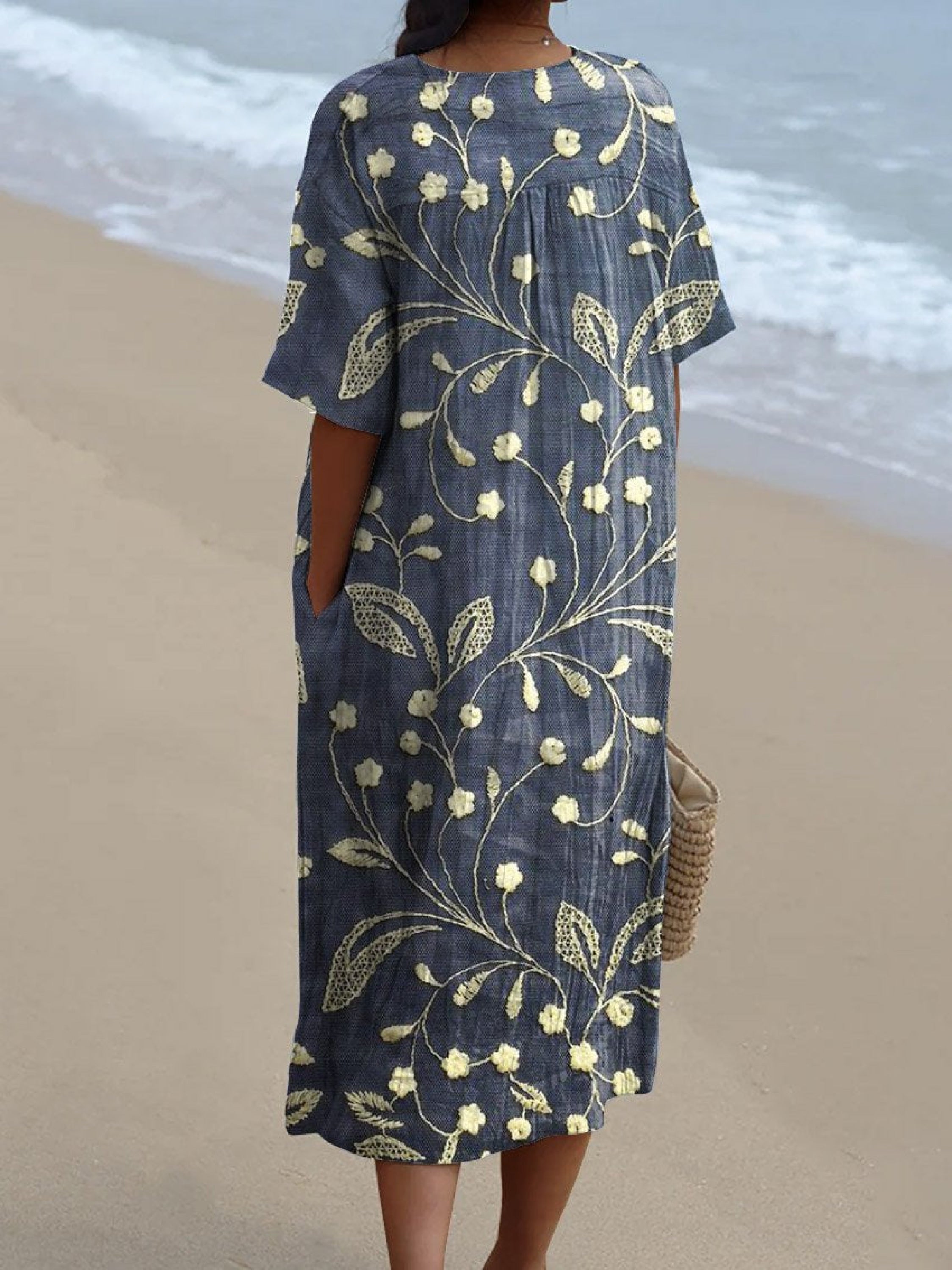 V-Neck Floral Short Sleeve Midi Dress for Women