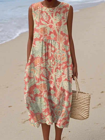 Sleeveless Floral Midi Dress with Pockets – Lightweight Summer Dress for Women