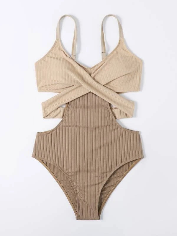 Beige Swimsuit with Crossed Waistband for Stylish Comfort
