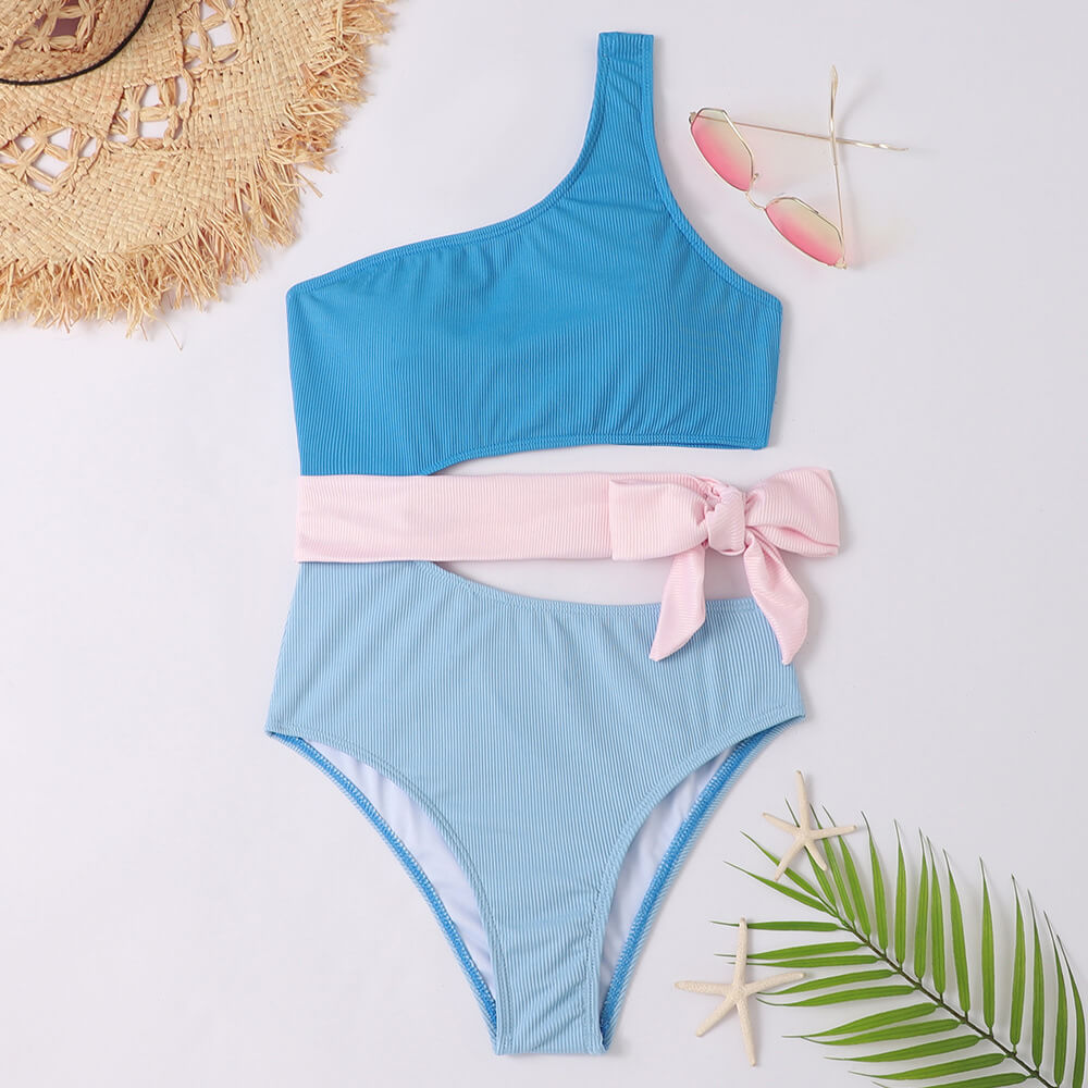 Bicolor One-Shoulder Swimsuit with Bow Detail