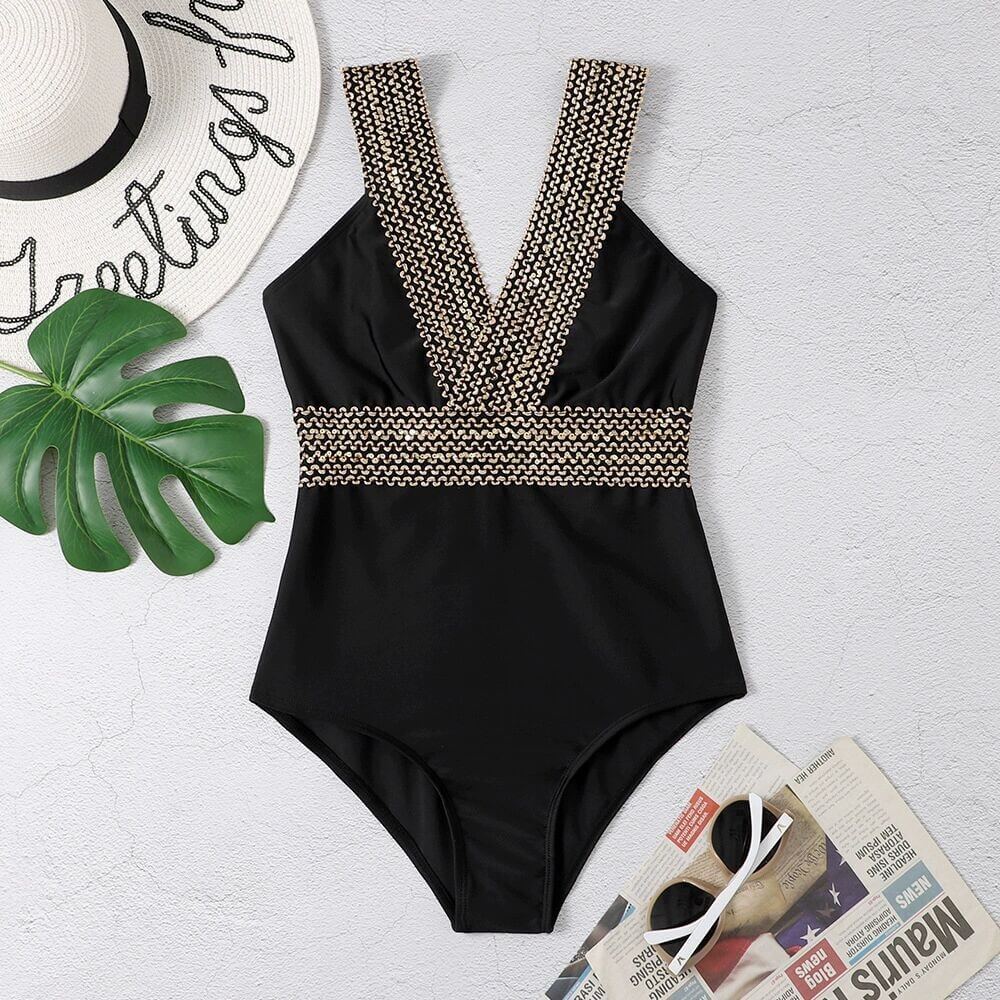 V-Neck Swimsuit Featuring Elegant Gold Accents
