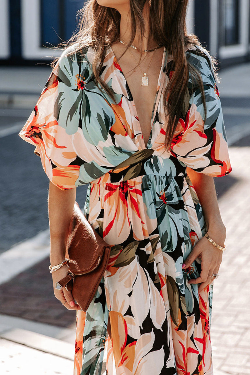 V-Neck Amelia Flores Dress with Elegant Slit Detail