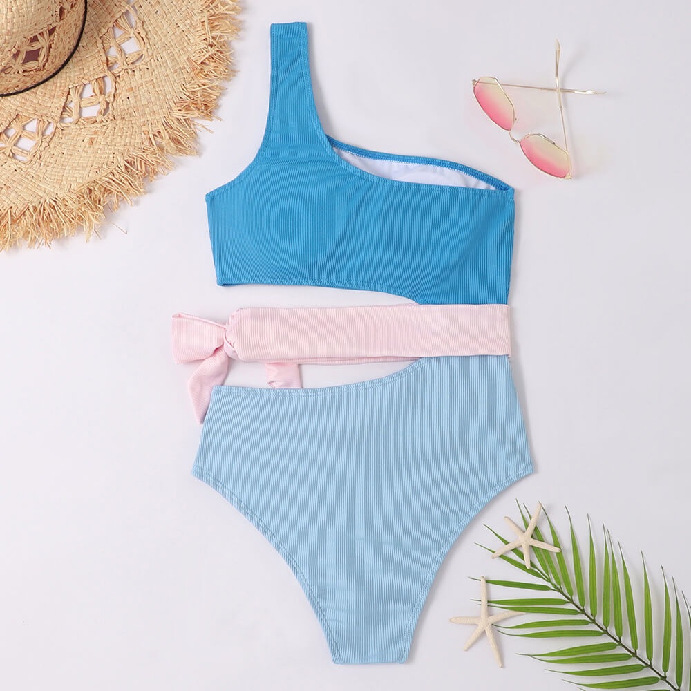 Bicolor One-Shoulder Swimsuit with Bow Detail
