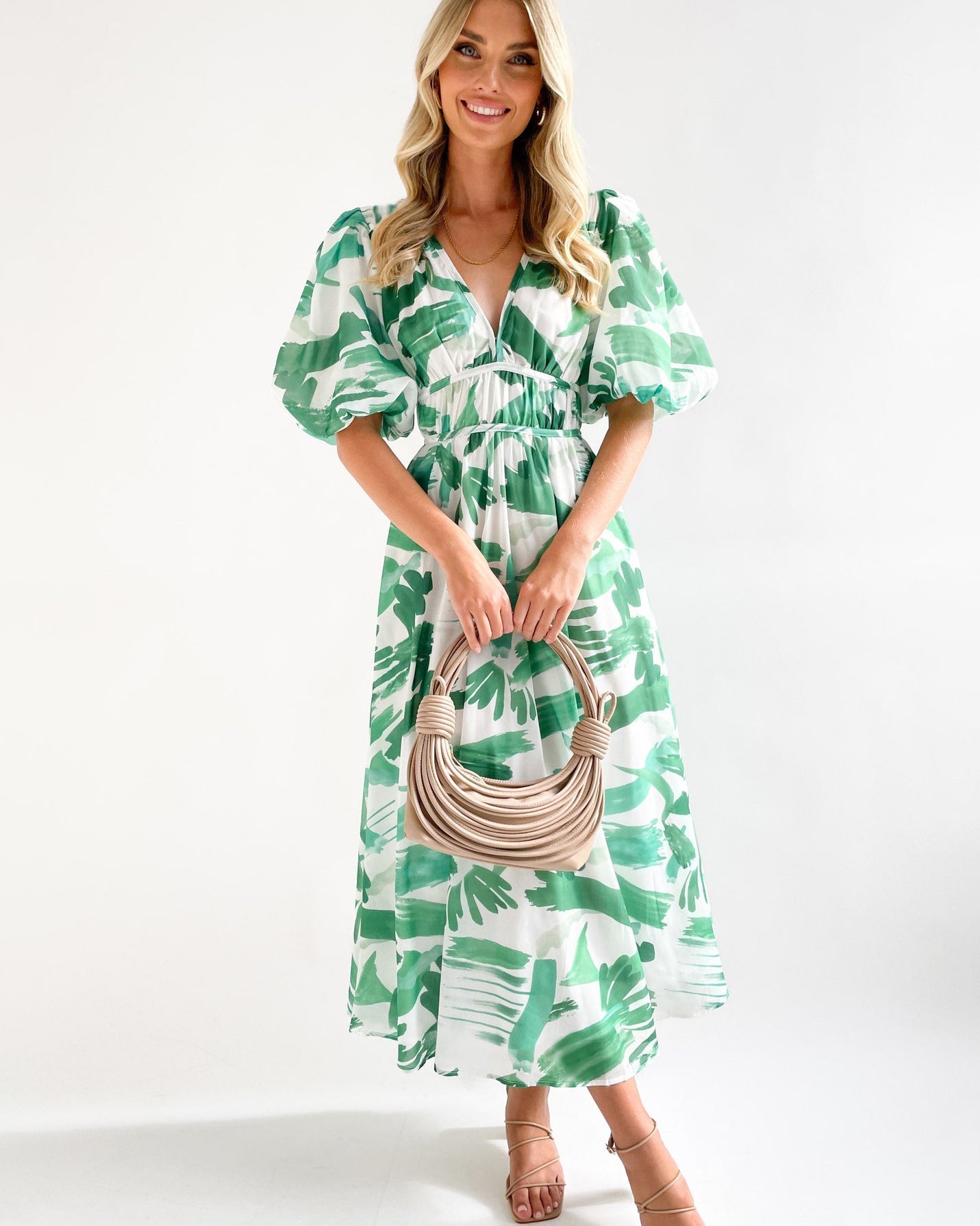 V-Neck Long Dress with Puff Sleeves for Elegant Style