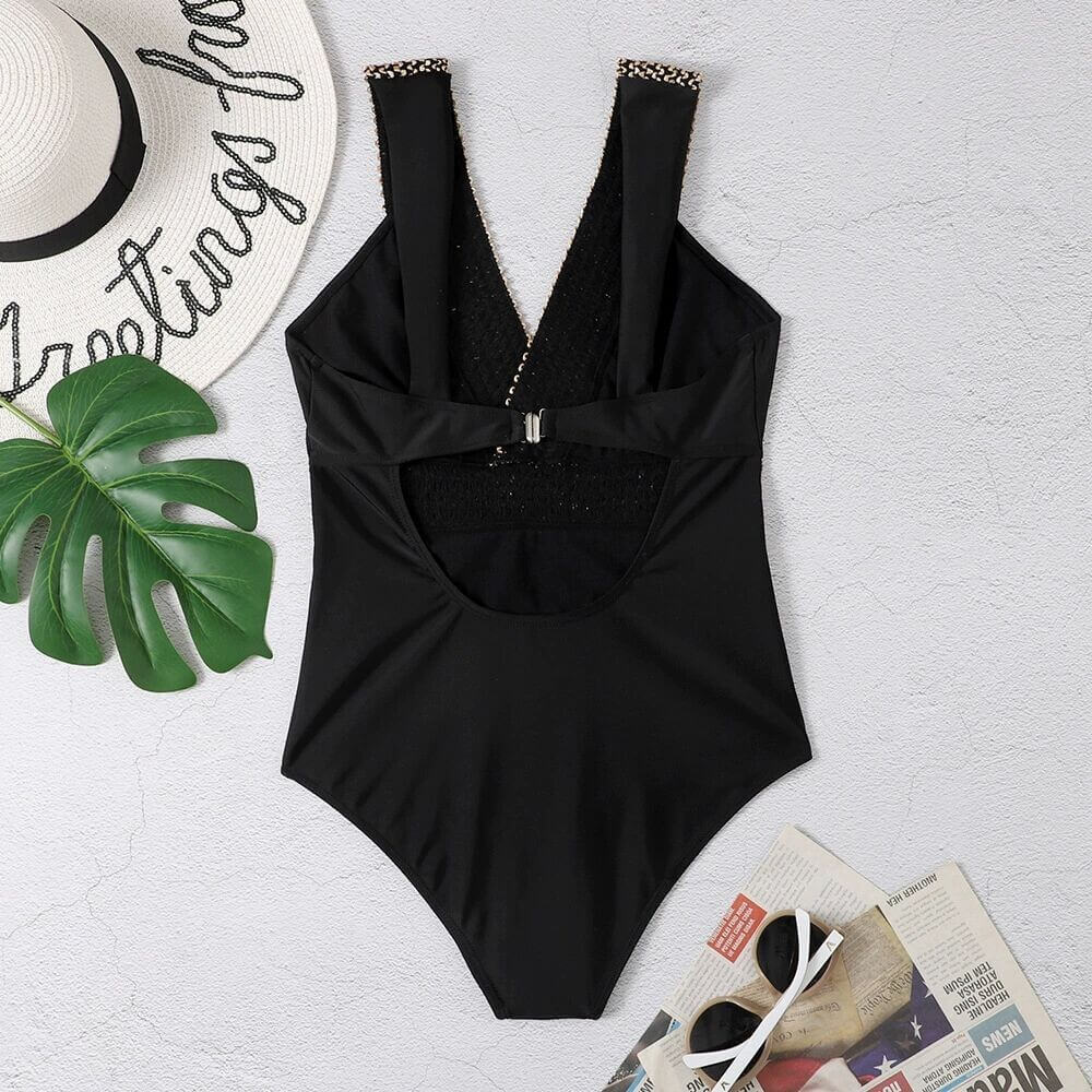 V-Neck Swimsuit Featuring Elegant Gold Accents
