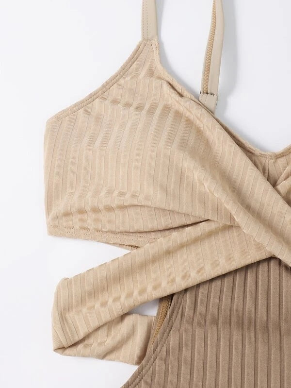 Beige Swimsuit with Crossed Waistband for Stylish Comfort