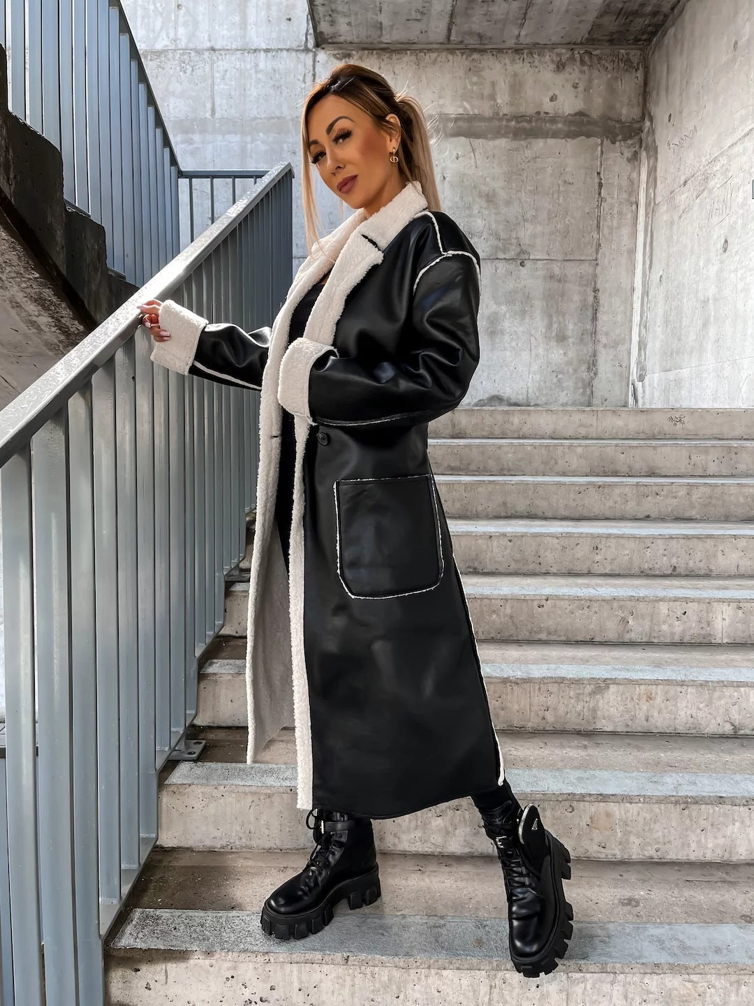 Plush Lined Long Coat in Soft PU Leather