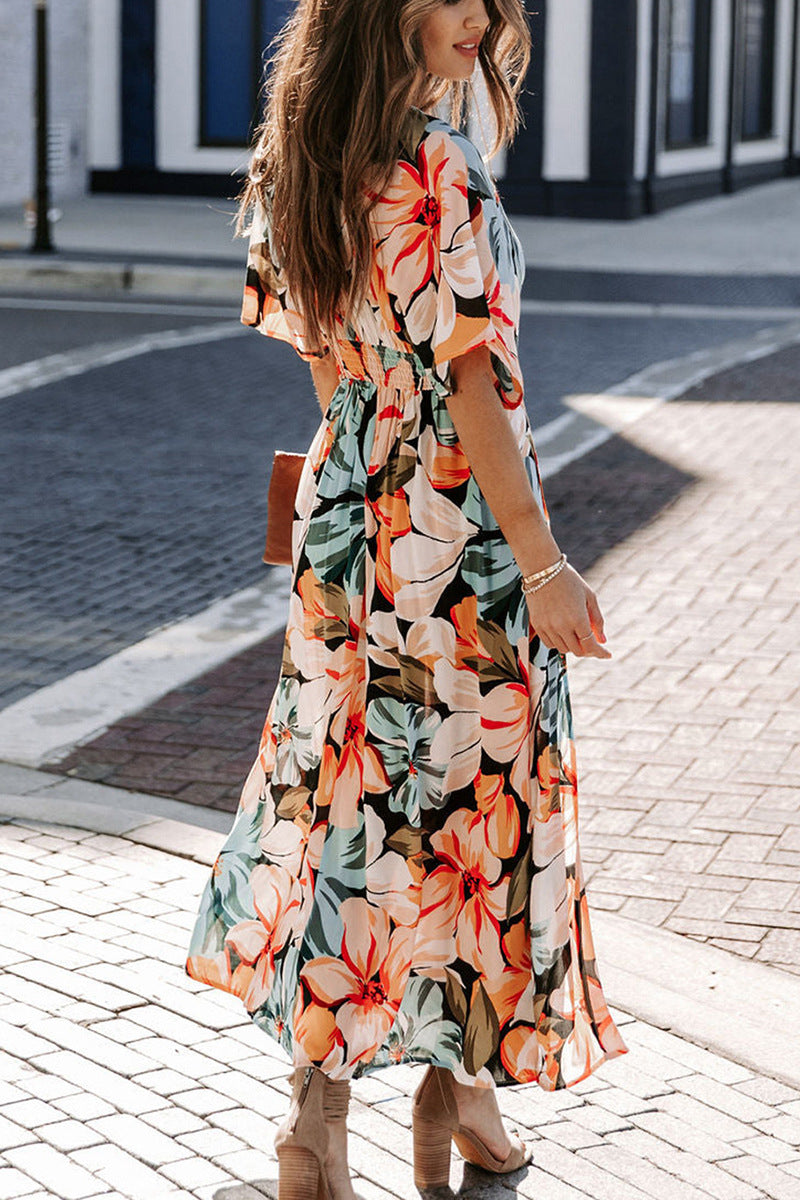 V-Neck Amelia Flores Dress with Elegant Slit Detail