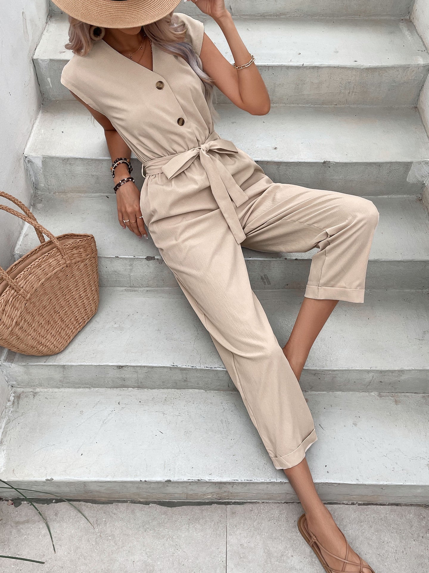 Button-Up Mono Jumpsuit with Bow Detail