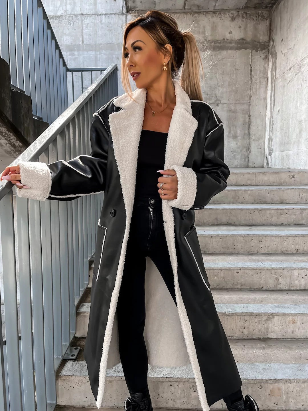 Plush Lined Long Coat in Soft PU Leather