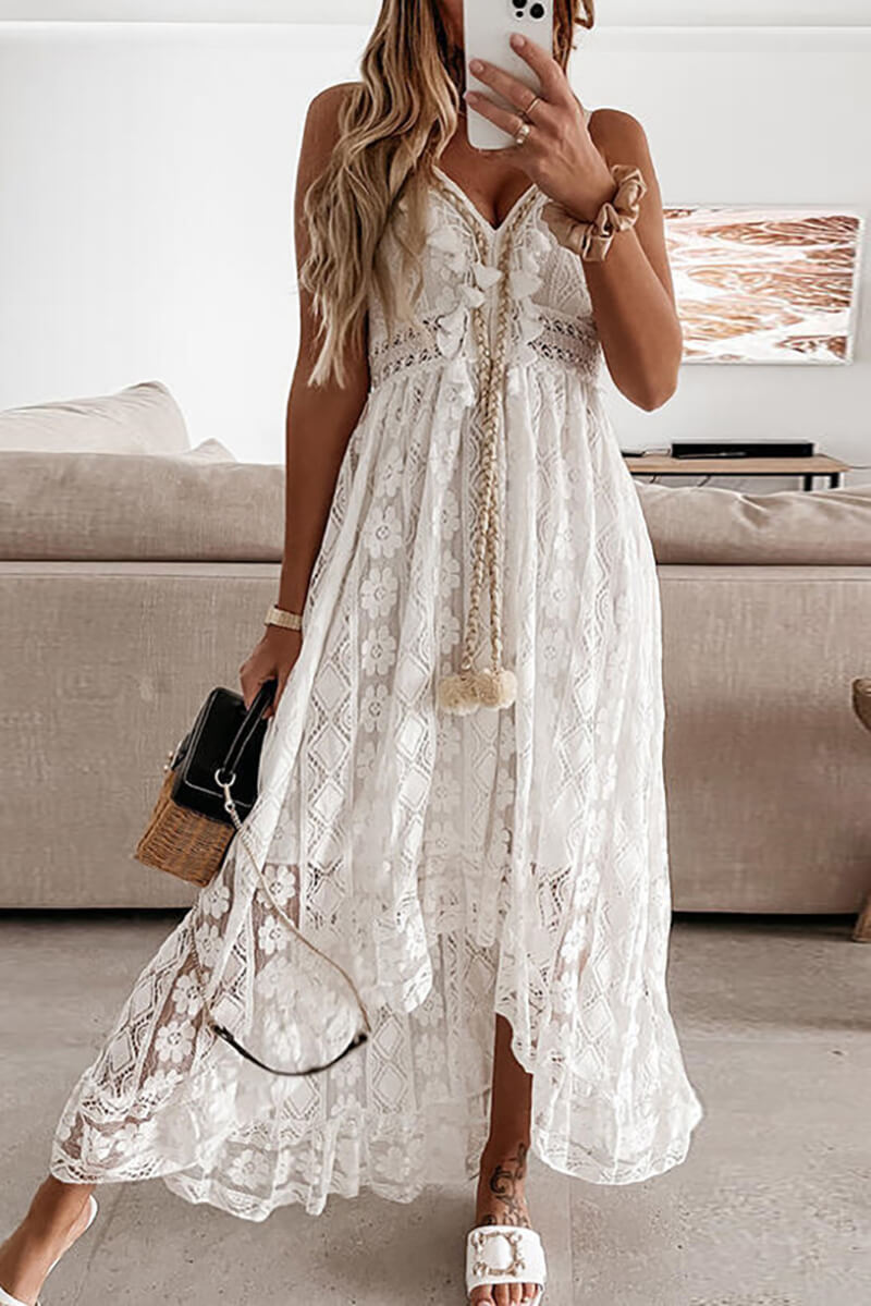 Salmon Pink Ruffled Lace Midi Dress
