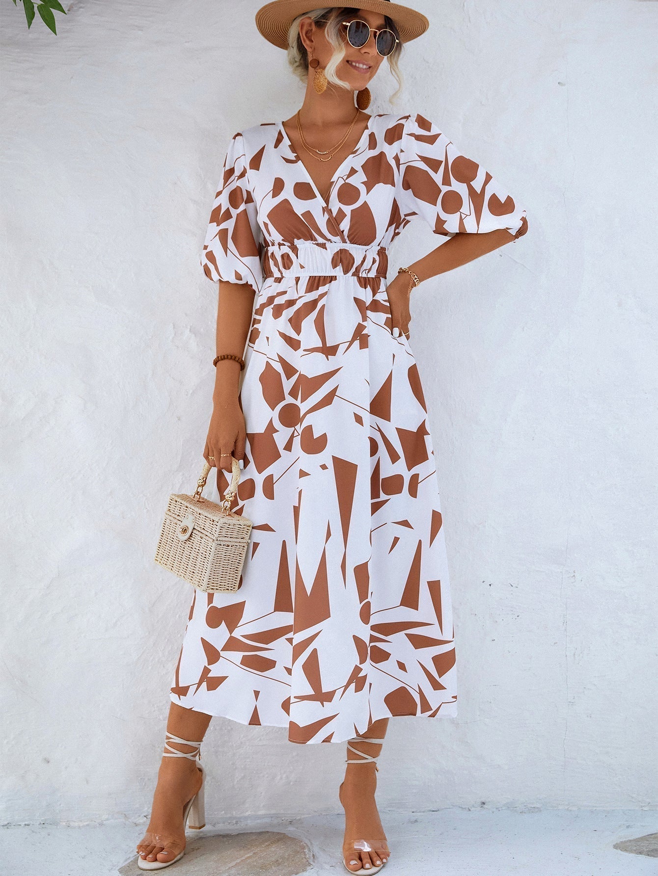 V-Neck Geometric Print Dress for Stylish Everyday Wear