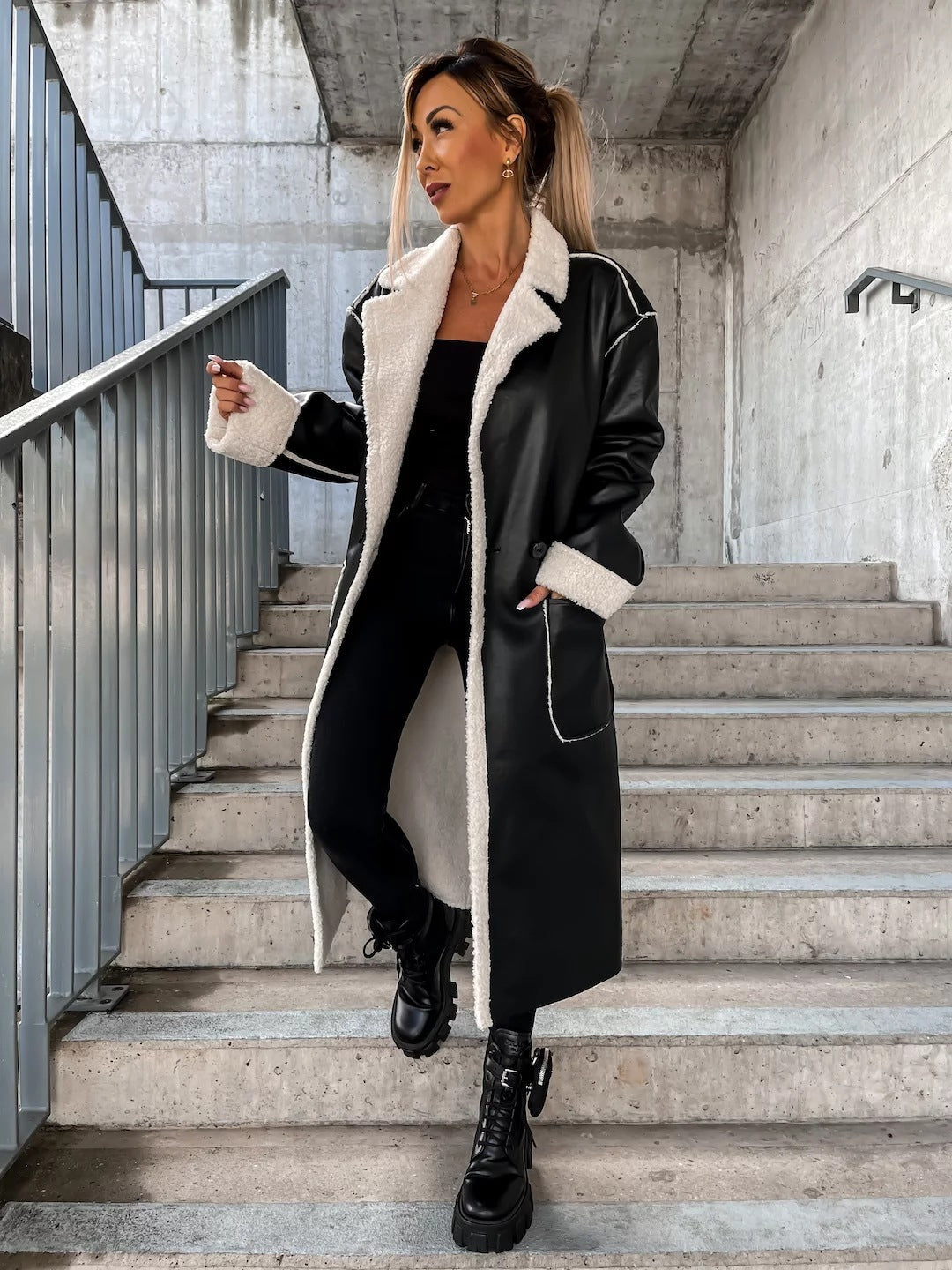 Plush Lined Long Coat in Soft PU Leather