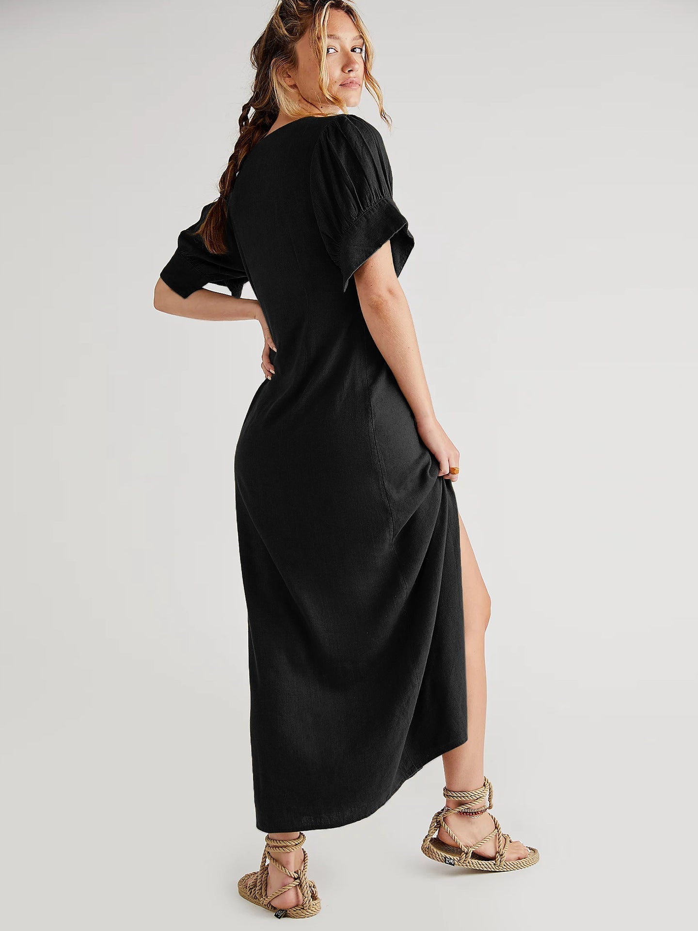 V-Neck Long Dress with Slit for Effortless Elegance