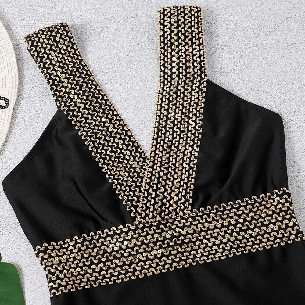 V-Neck Swimsuit Featuring Elegant Gold Accents